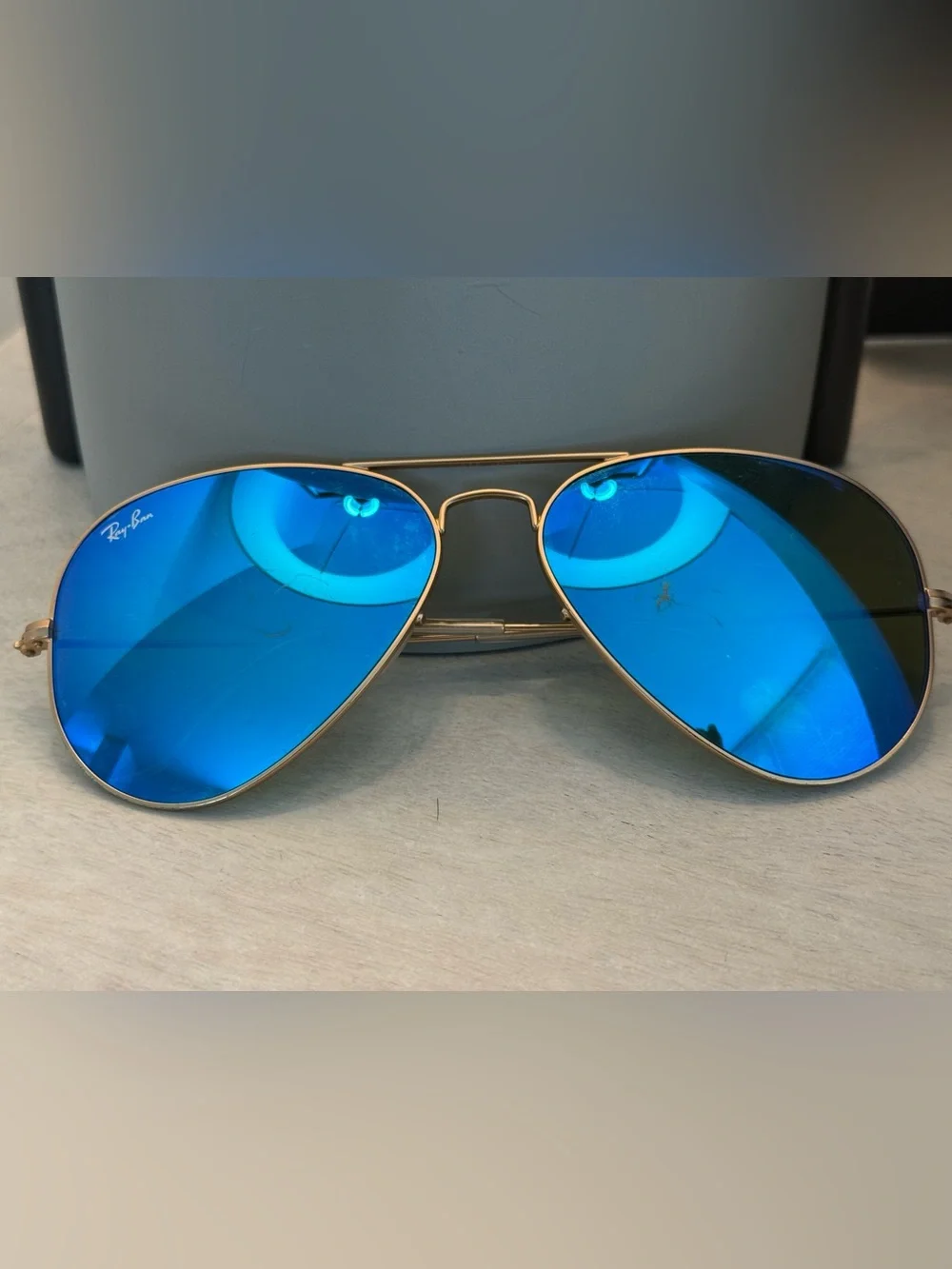 Ray-Ban Gold Aviator Sunglasses with Blue Mirrored Lenses